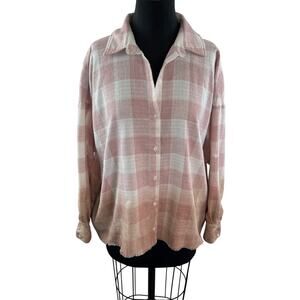 SAINTS & HEARTS Plaid Oversized Flannel Shirt Pink White Ombre Long Slv Top M ?